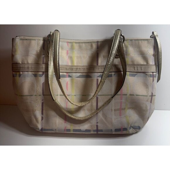 Coach Poppy Tattersall Signature Plaid Tote Bag Metallic Leather Trim 19871 15” - Picture 5 of 11